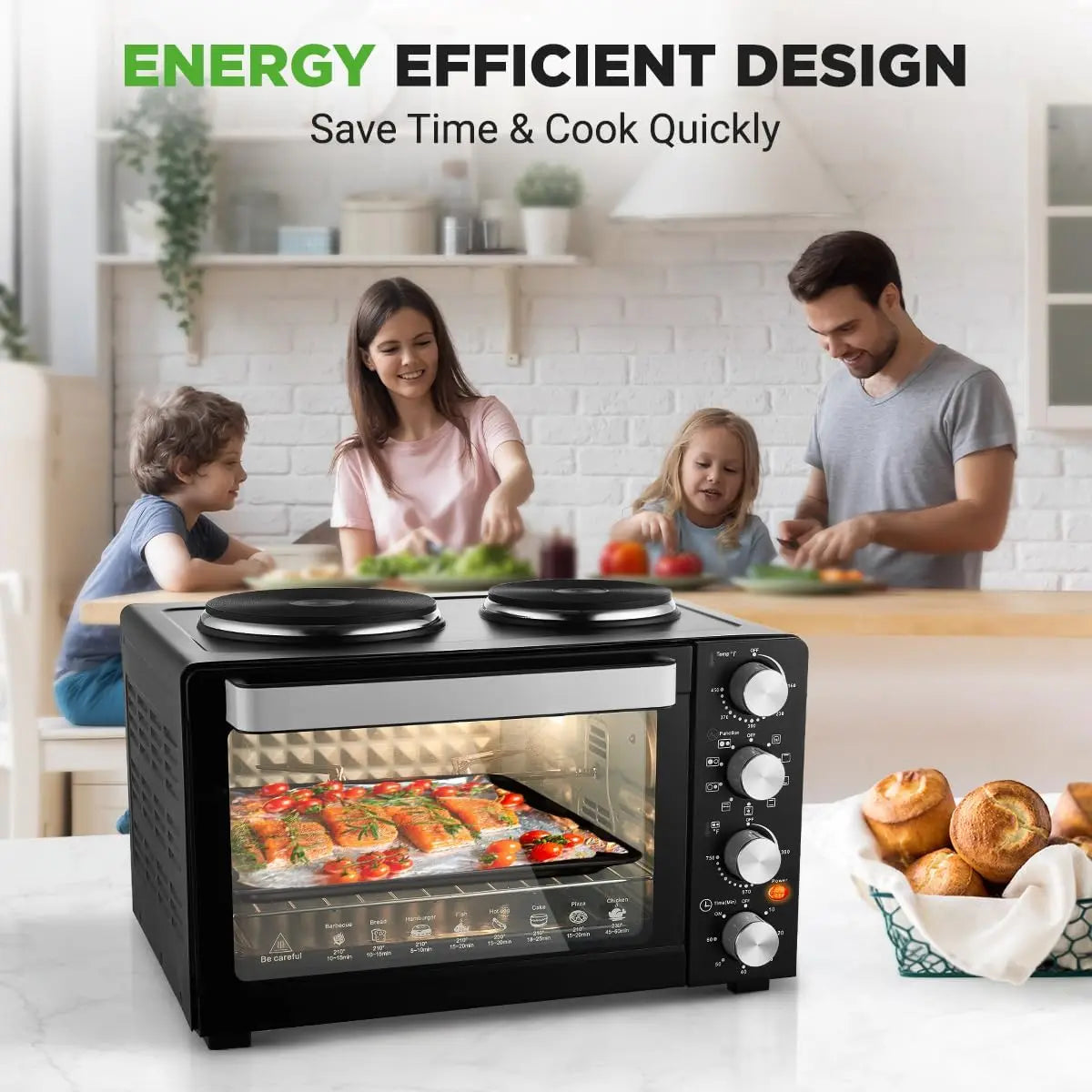 30 Qt Kitchen Convection Oven with 2 Burners, 1500W, 7 Functions, Includes Tray, Skewers, Handles