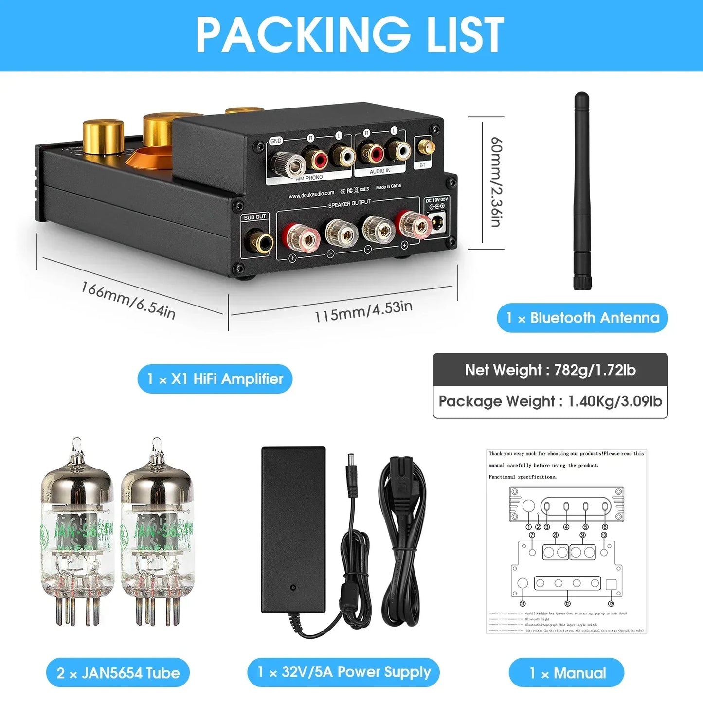 Nobsound HiFi GE5654 Vacuum Tube Amplifier Stereo Bluetooth 5.0 Receiver Amp MM Phono Power Amp for Turntables APTX-HD 160W+160W