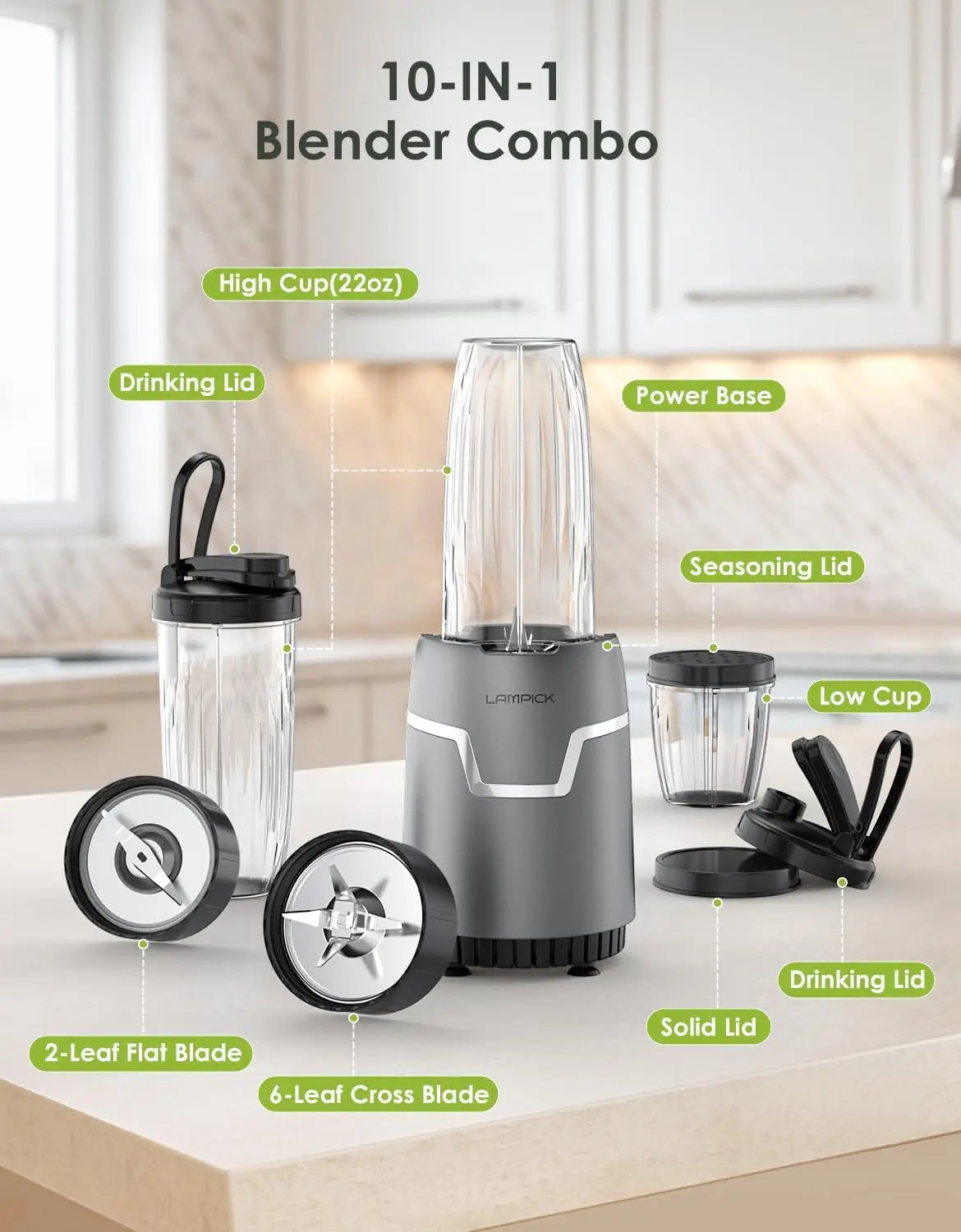 Smoothie Blender, 1100W Personal Blender for Shakes and Smoothies, Blenders and Grinder Combo for Kitchen with 2 * 22 Oz To-Go C
