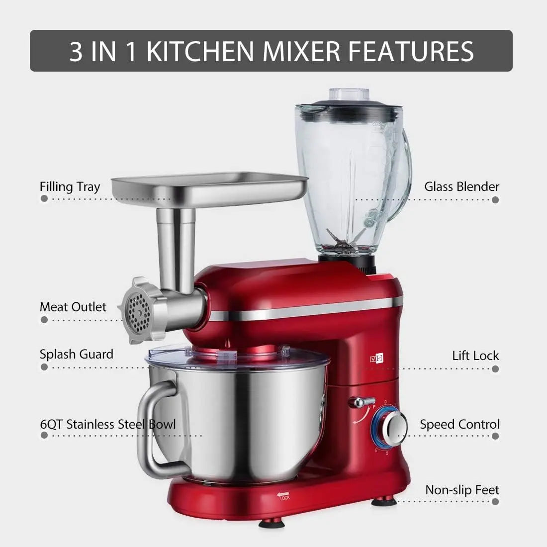 3 in 1 Multifunctional Stand Mixer with 6 Quart Stainless Steel Bowl, 650W 6 Speed Tilt-Head Meat Grinder, Juice Blender, Red