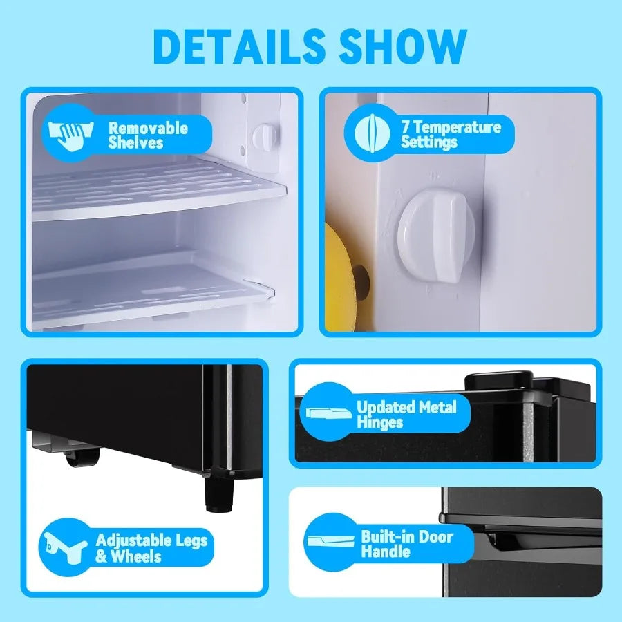 Compact 2.4 Cu.Ft Mini Fridge with Freezer and Double Doors for Apartment Bedroom Office 7 Temperature Modes Adjustable EnergyE