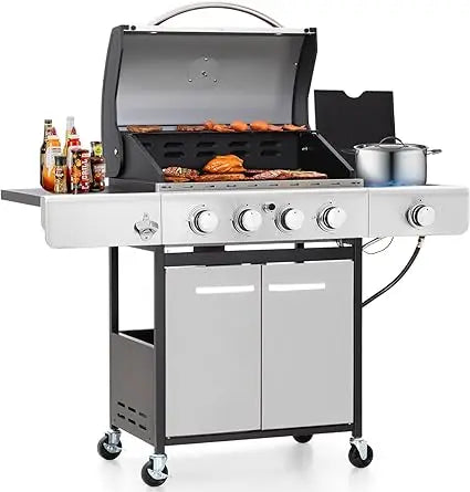 4 Burner BBQ Propane Gas Grill with Side Burner & Porcelain-Enameled Cast Iron Grates, 545 SQIN Grilling Area 42,000 BTUs Barbe