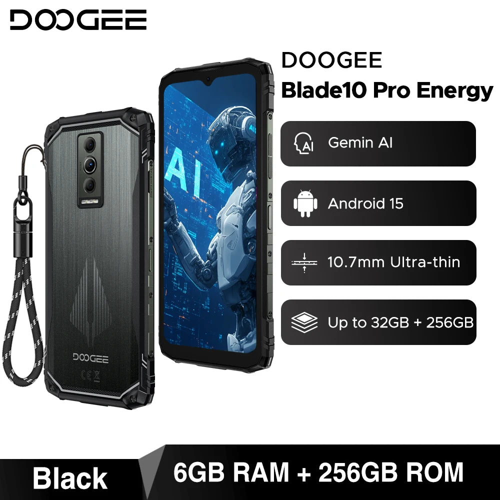 DOOGEE Blade10 Pro Energy Rugged Phone 6.56'' Screen 10.7mm Ultra-thin 6GB RAM 256GB ROM 6150mAh Battery Android 15 Smartphone