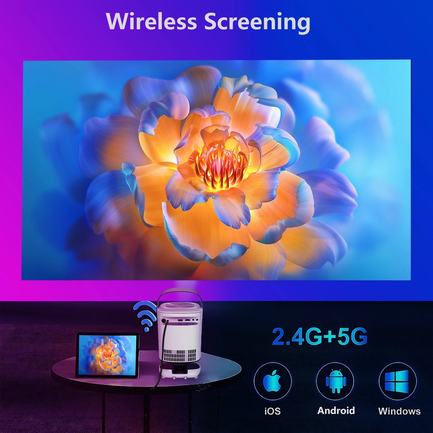 Portable Android Native 1080p Projector Support 4K 180°Adjustable Stand Wall Mount Design Wifi Bluetooth HDMI,USB,PC Model:TZ2