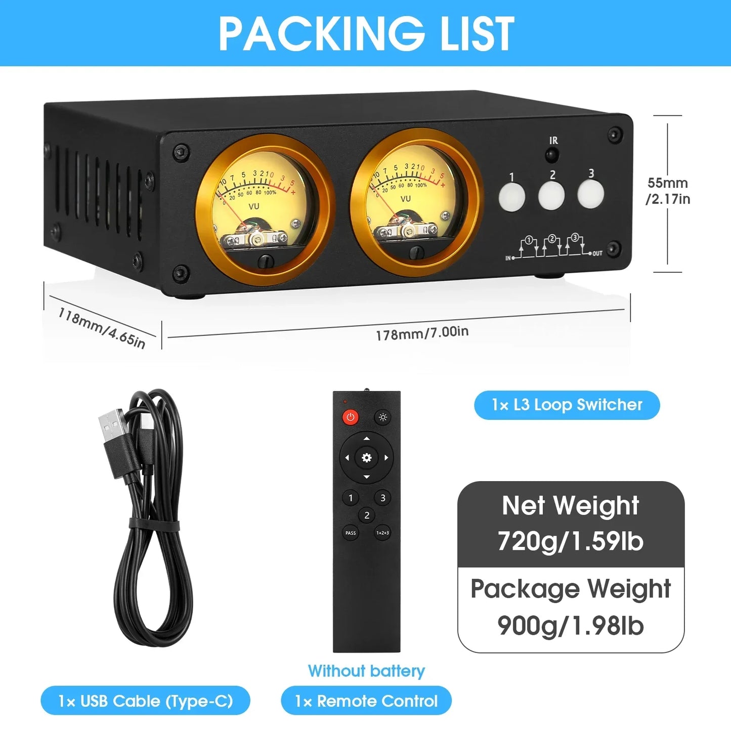 Nobsound L3 3-way Loop Switcher Box Stereo 1(3)-IN-3(1)-OUT Audio Selector RCA Splitter with VU Meter