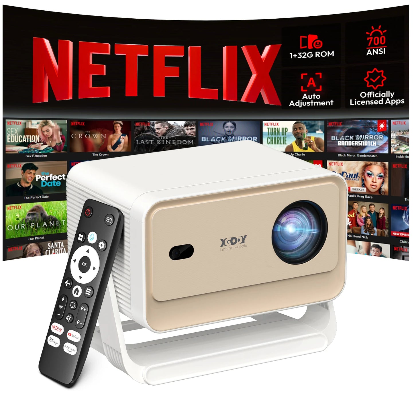 XGODY Projector  25000 Lumens Netflix Official Whale OS Voice Control 4K 32GB FHD Projector Dual WiFi6 BT5.4 Home Theater