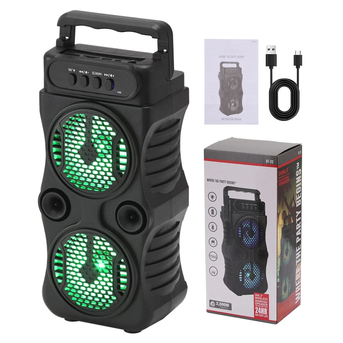 Dual 3" Portable Bluetooth Mini Speaker with TWS & Party Lights & Phone Holder