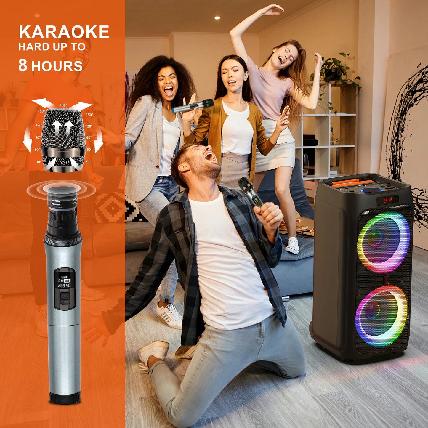T9Karaoke Machine with 2 Wireless Microphones,Portable Bluetooth Speaker for Adults & Kids,Big Party PA System with Disco Lights
