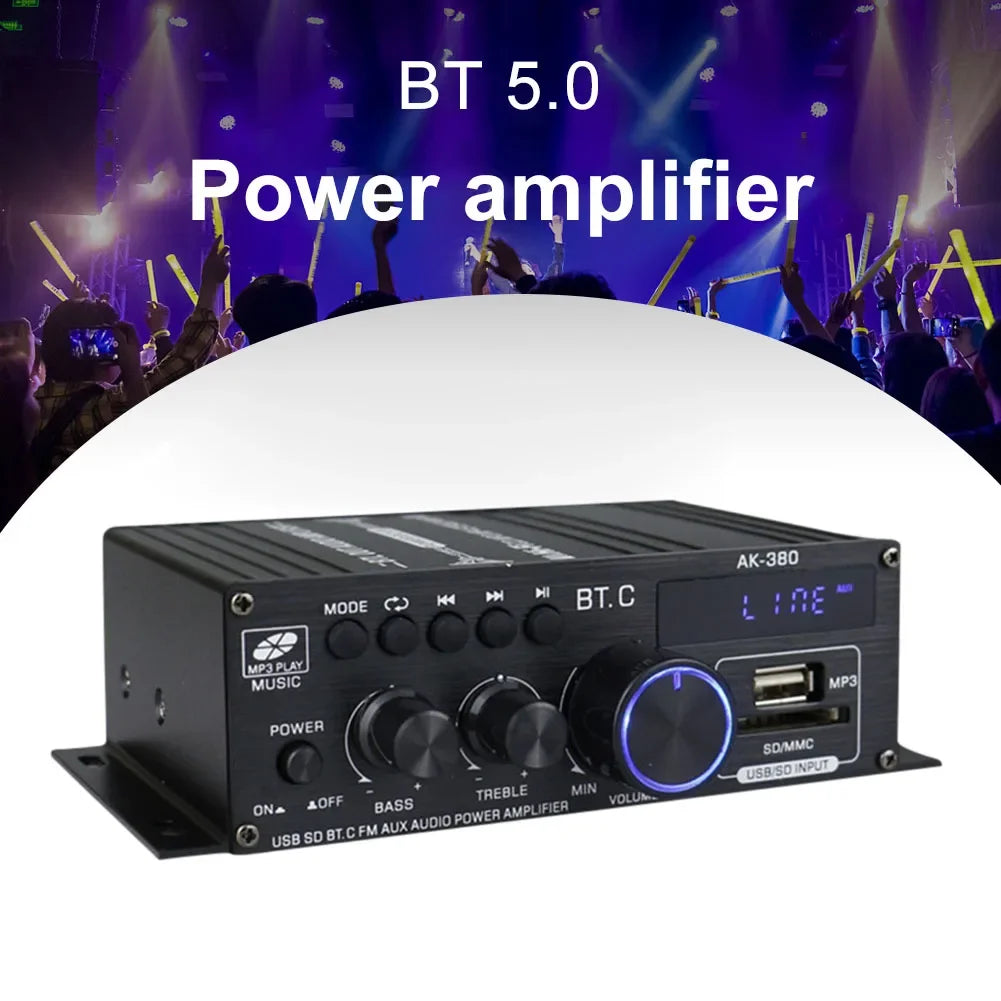 AK-380 800W Home Car Power Amplifier 2 Channel Bluetooth 5.0 Audio Digital Amplifier FM USB Remote Control HIFI Stereo Subwoofer