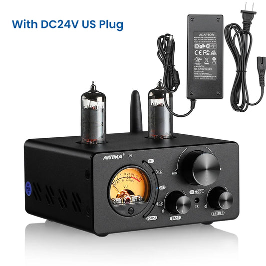 AIYIMA Audio T9 Bluetooth 5.0 Vacuum Tube Amplifier USB DAC Stereo Receiver COAX/OPT HiFi Home Audio Digital Amp w/VU Meter 100W