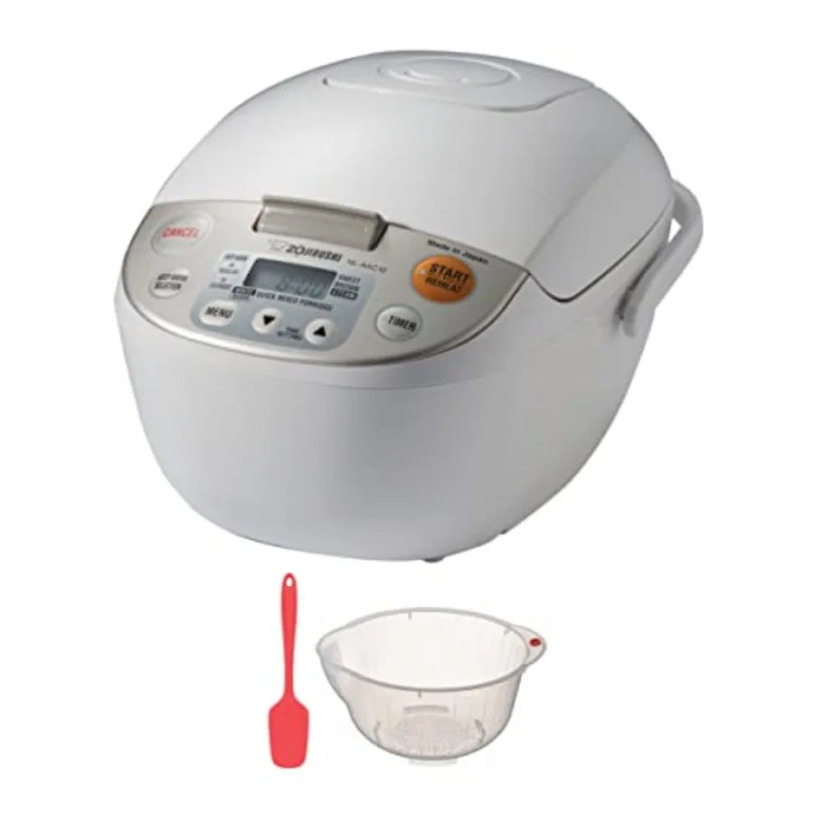 5.5Cup Beige Micom Rice Cooker and Warmer with Rice Washing Bowl and Drainer Silicone Spoon Spatula Bundle for Home Kitchen Use