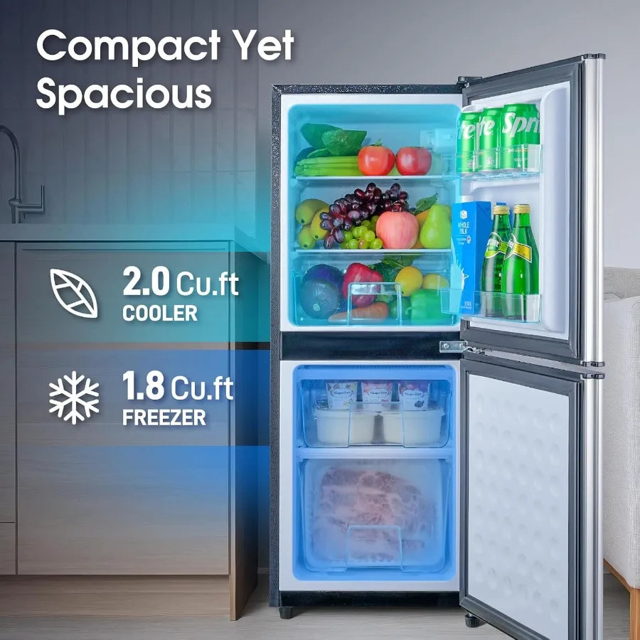 4.0 Cu.Ft Double Door Refrigerator with Bottom Freezer and Drawer Featuring 7 Adjustable Temperature Settings Ideal for Bedroom