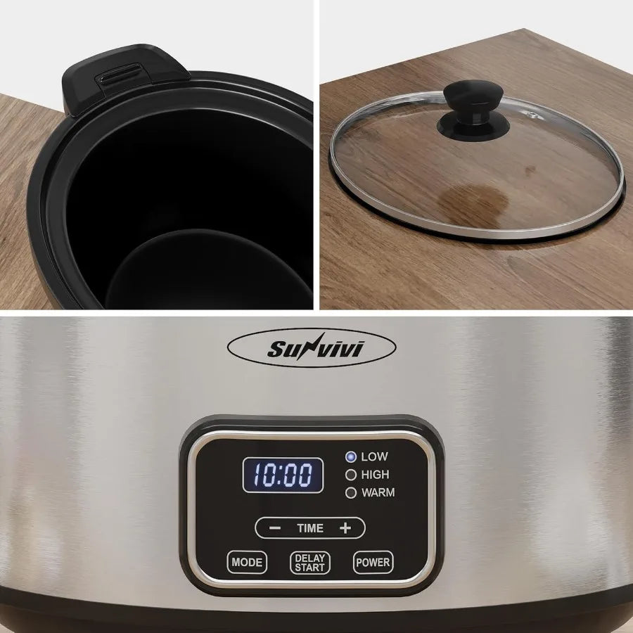 4qt Programmable Slow Cooker with Locking Lid and Removable Ceramic Pot for Home Kitchen Use Offers 3 Heating Settings and Time