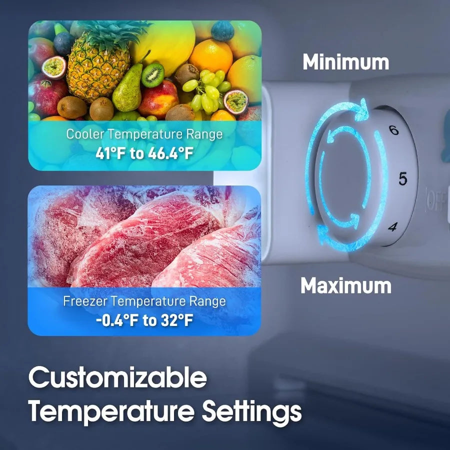 4.0 Cu.Ft Double Door Refrigerator with Bottom Freezer and Drawer Featuring 7 Adjustable Temperature Settings Ideal for Bedroom