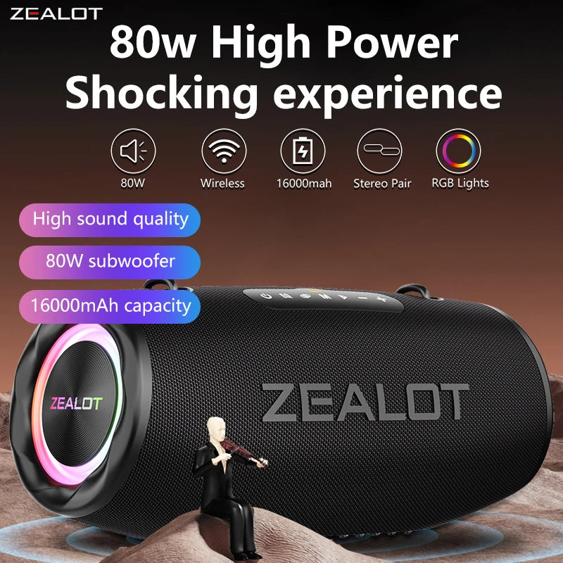 ZEALOT S87 Outdoor Portable Wireless Bluetooth Speaker 80W High Volume Subwoofer Sound Performace IPX6 Waterproof camping.