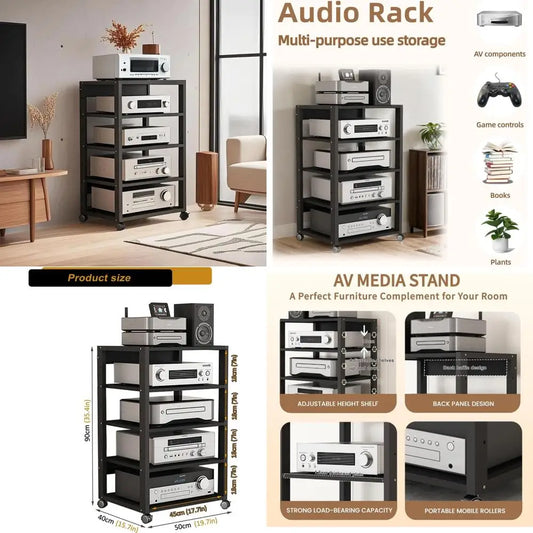 Stereo Component Tower Rack for Home Theater - 5 Tier Media Stand with CD Player and Receiver Storage