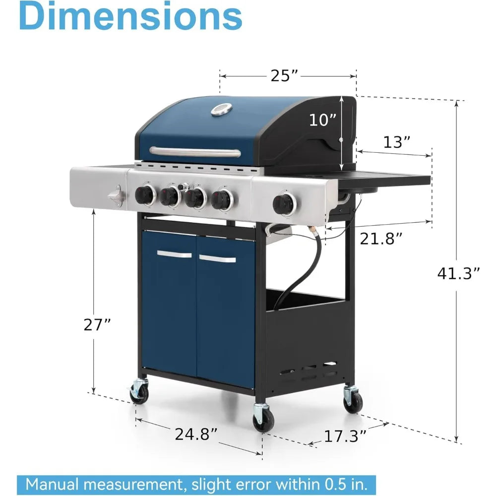 4 Burner BBQ Propane Gas Grill with Side Burner & Porcelain-Enameled Cast Iron Grates, 545 SQIN Grilling Area 42,000 BTUs Barbe