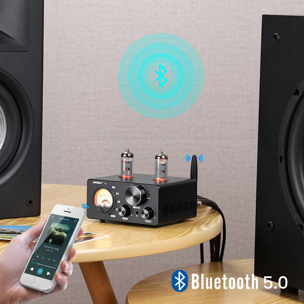 AIYIMA Audio T9 Bluetooth 5.0 Vacuum Tube Amplifier USB DAC Stereo Receiver COAX/OPT HiFi Home Audio Digital Amp w/VU Meter 100W