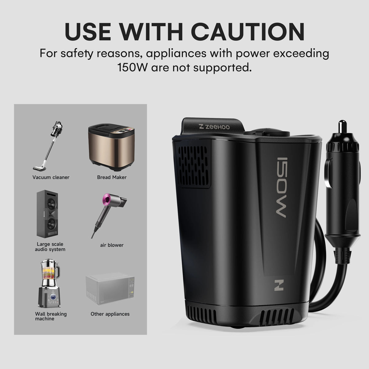 150W Car Power Inverter 12V DC to 110V AC With 2 AC Outlets, 1 18W USB-A Port and Dual 30W PD Fast Car Charger