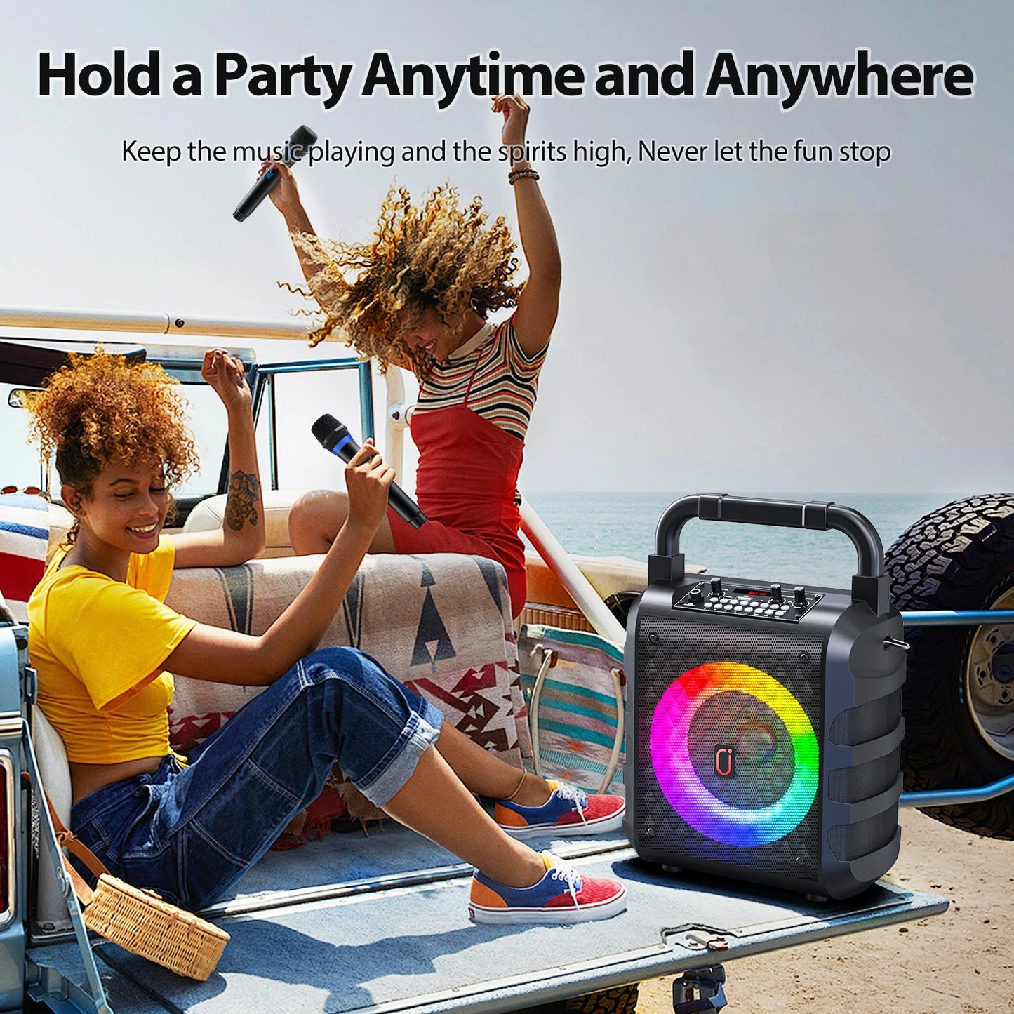 FanFun Wireless Speaker, Portable Bluetooth Speaker with Microphone and LED Light, Karaoke Speaker Machine, Home Karaoke System