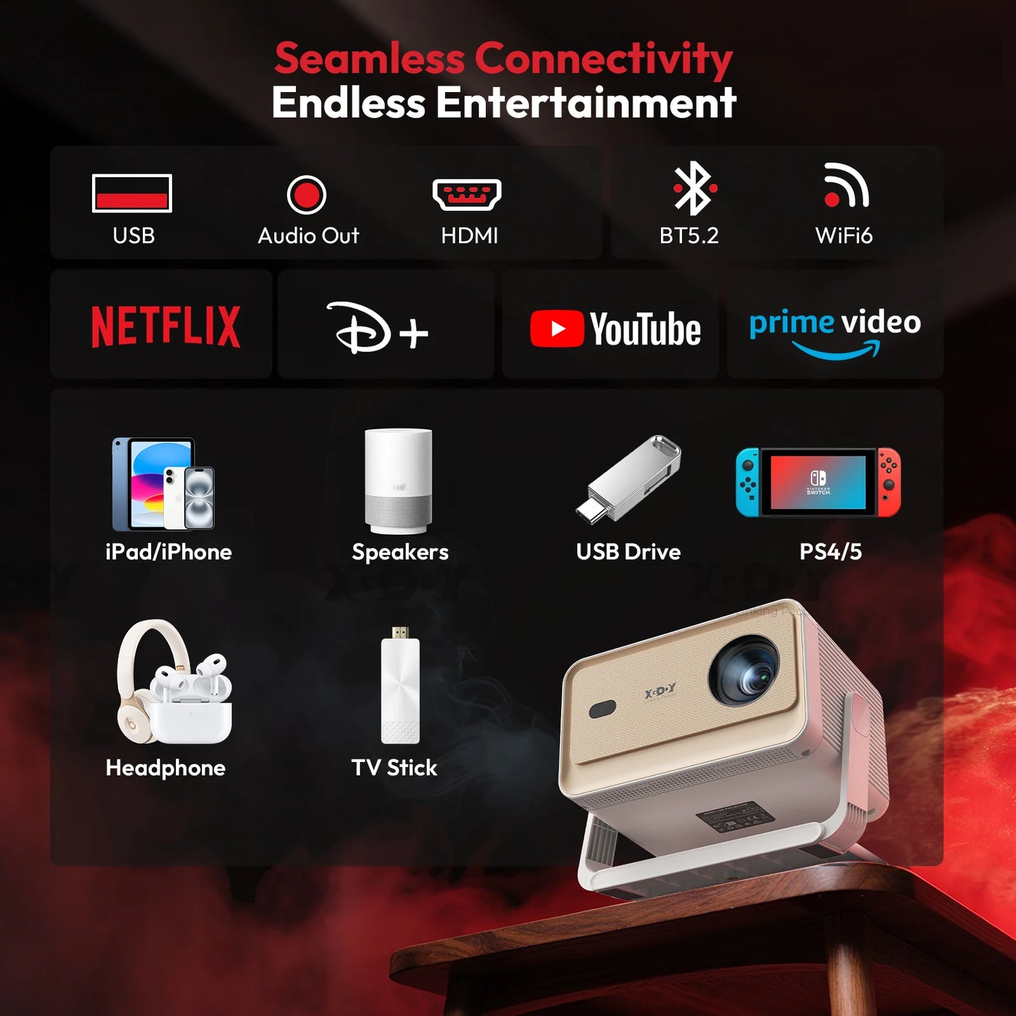 XGODY N6 PRO 4K 32 GB HD Projector 700ANSI Dual WiFi6 BT5.0 Portable Cinema Native 1080P for Outdoor Movie Home Theater