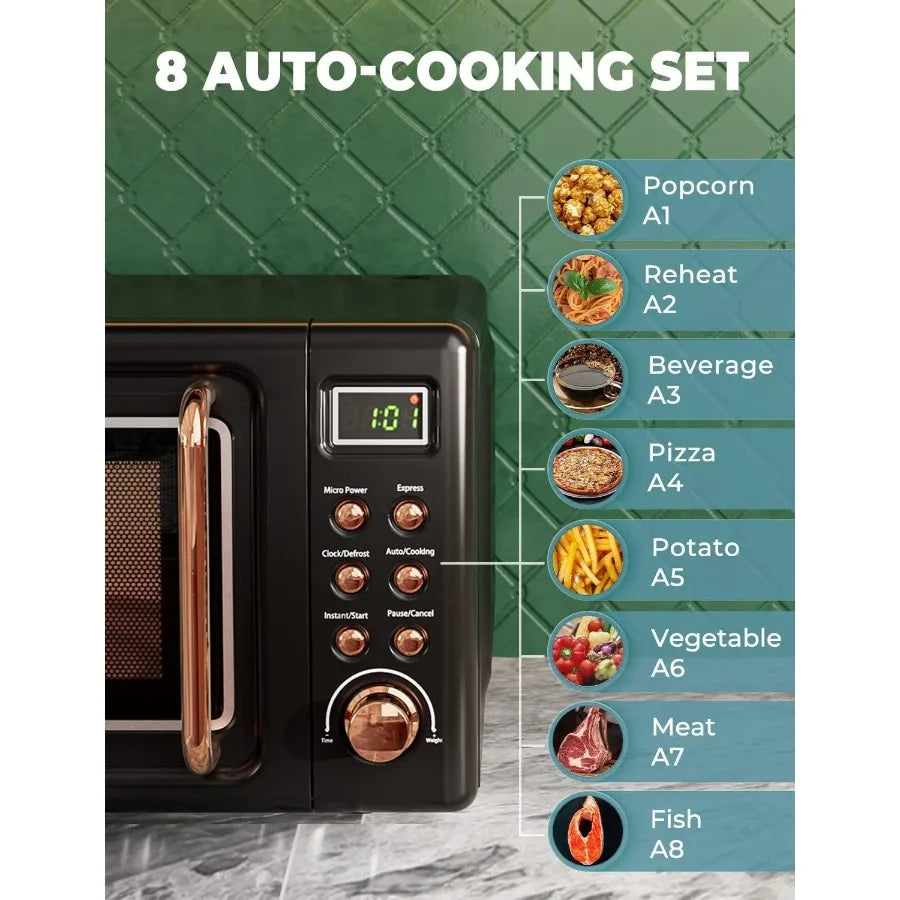 Compact Retro Microwave Oven for Kitchen Countertop Use: 0.7 Cu Ft Small Size with Defrost Function 5 Microwave Power Levels 8