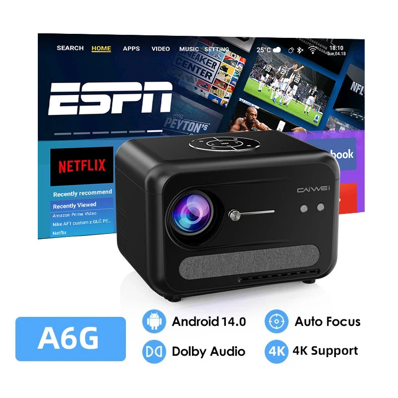 CAIWEI A6G Android 14 UHD 4K Projector 1080P Google Certified Smart TV WiFi 6 Auto Focus Home Cinema Video Projectors for Movies