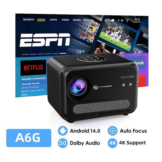 CAIWEI A6G Android 14 UHD 4K Projector 1080P Google Certified Smart TV WiFi 6 Auto Focus Home Cinema Video Projectors for Movies
