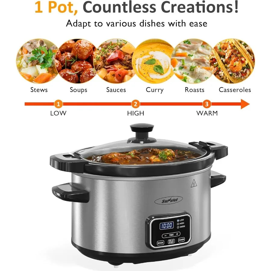 4qt Programmable Slow Cooker with Locking Lid and Removable Ceramic Pot for Home Kitchen Use Offers 3 Heating Settings and Time