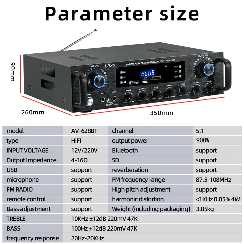 900W bluetooth Audio Power Amplifier HiFi Amp Speaker 12V/220V AV Amp Speaker Remote Control For Car Home Square Dancing 5.1 Cha