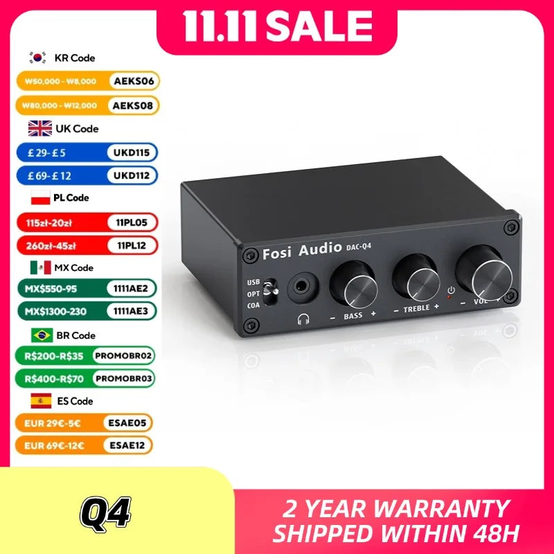 Fosi Audio Q4 Mini Stereo USB Gaming DAC & Headphone Amplifier Audio Converter Adapter for Home/Desktop Powered/Active Speakers