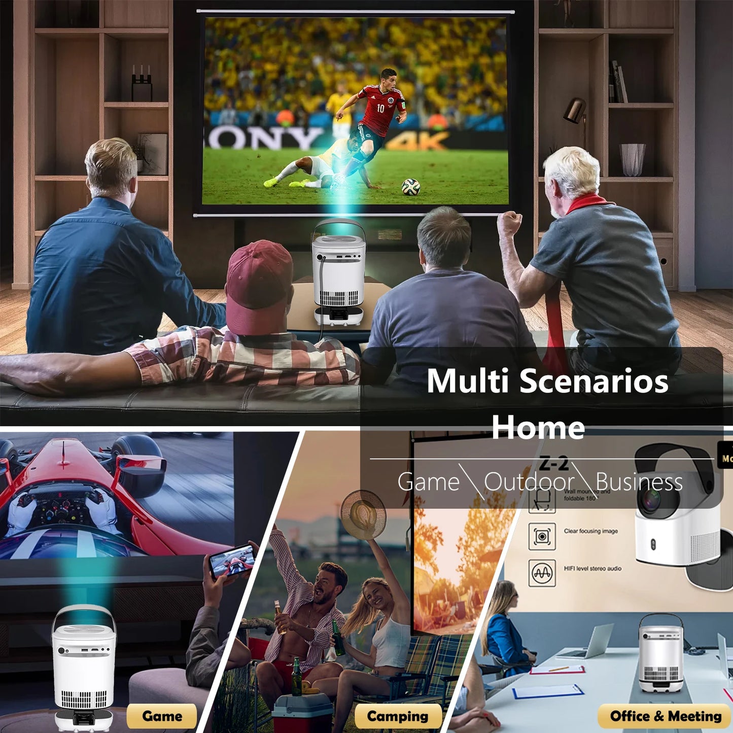 Portable Android  Native 1080p Projector Support 4K 180°Adjustable Stand Wall Mount Design  Wifi Bluetooth HDMI,USB,PC Model:TZ2