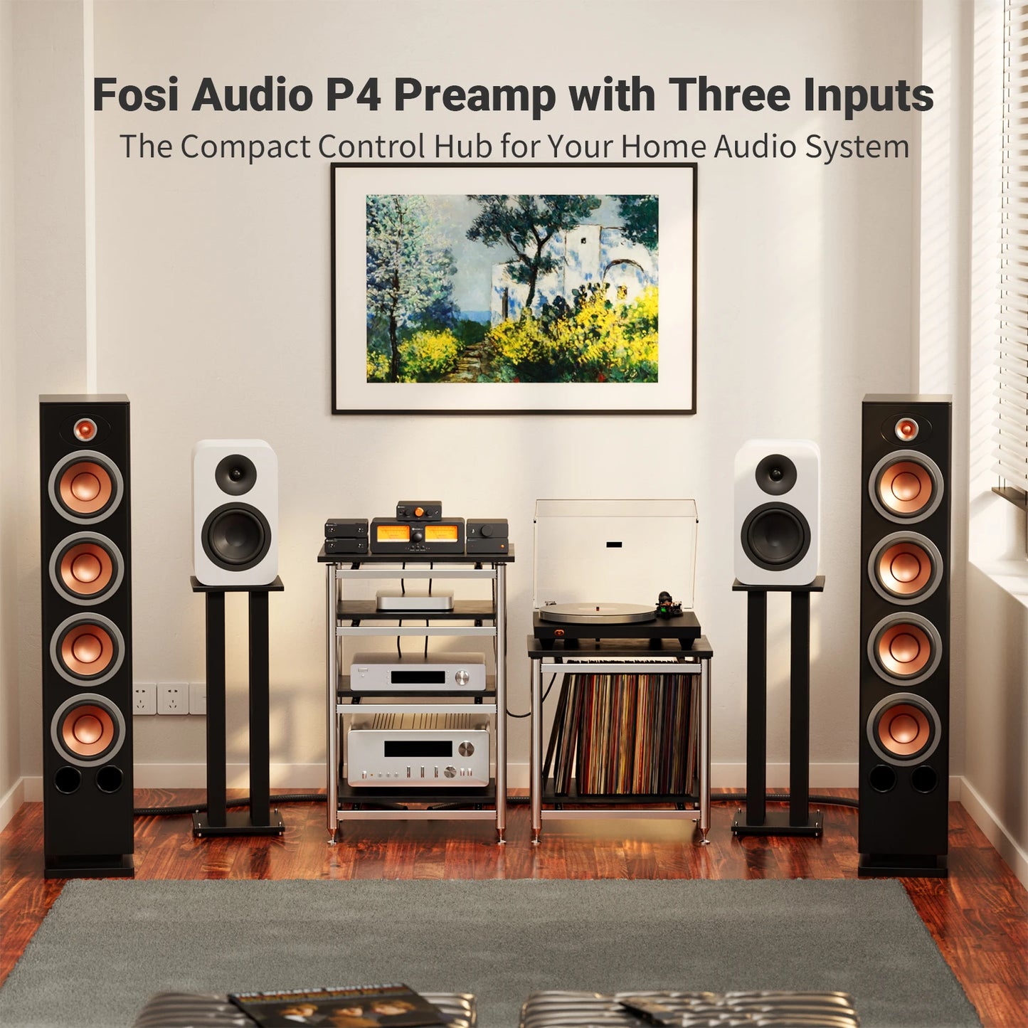 Fosi Audio P4 HiFi Preamplifier: 3 RCA Inputs, EQ/Bypass, Swappable Op-Amps, Treble & Bass Tone Control For Audiophile Systems
