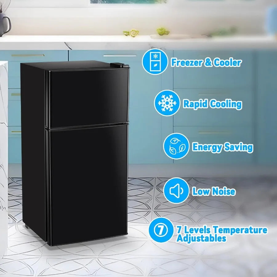 Compact 2.4 Cu.Ft Mini Fridge with Freezer and Double Doors for Apartment Bedroom Office 7 Temperature Modes Adjustable EnergyE