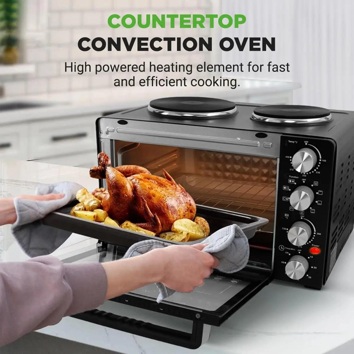 30 Qt Kitchen Convection Oven with 2 Burners, 1500W, 7 Functions, Includes Tray, Skewers, Handles