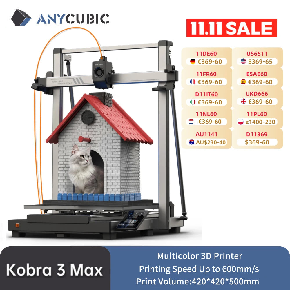 ANYCUBIC Kobra 3 Max Multi-Color 3D Printer Max Speed 600mm/s Massive Build Volume 500*420*420mm Smart APP Control