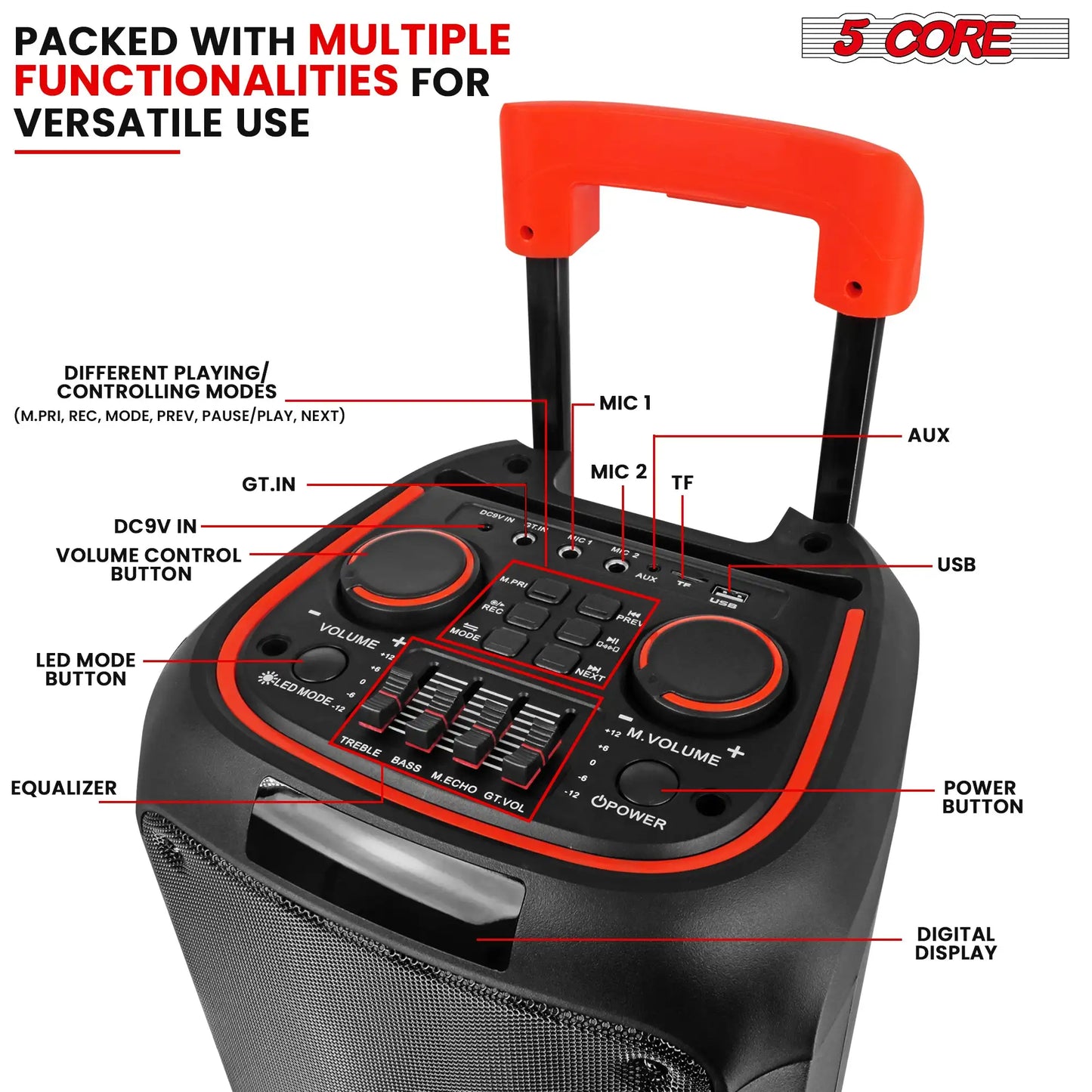 5 Core Party Speaker Bluetooth 400W Big Powered Rechargeable Outdoor PA DJ System w 2 Wireless Mics PLB 8X2 2MIC