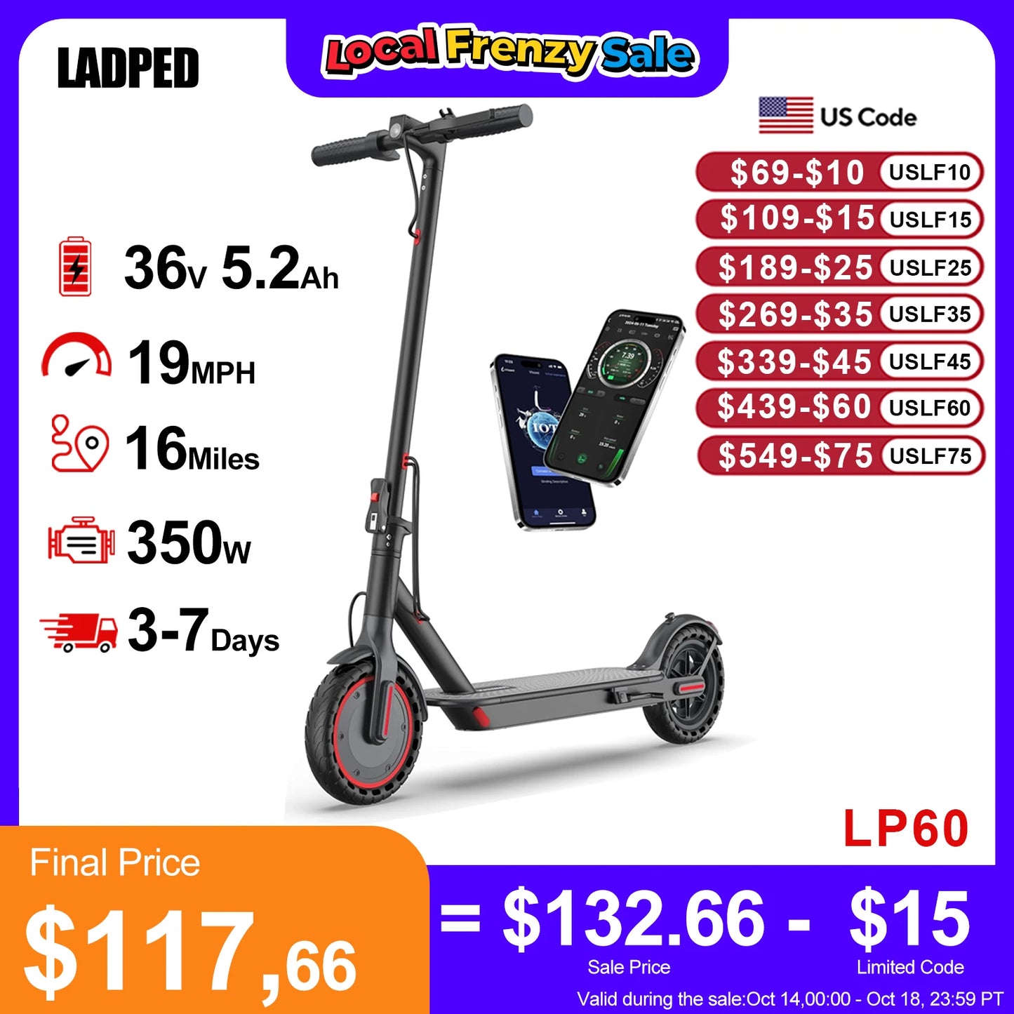 LP60 Electric Scooter 350W 19mph APP Smart Control Scooter 8.5inch tire Folding Electric Scooter 16miles Max Range for Adult