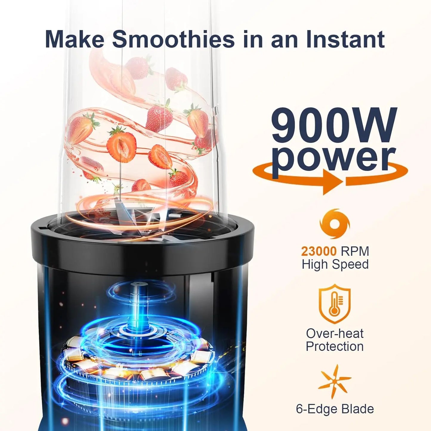 Smoothie Blender, 900W Personal Blender for Kitchen Shakes and Smoothies with 2 22oz Portable Cups