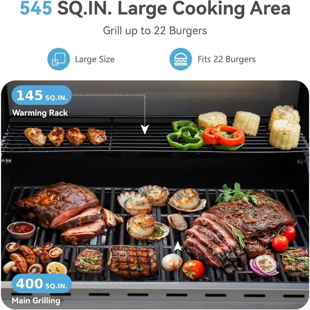 4 Burner BBQ Propane Gas Grill with Side Burner & Porcelain-Enameled Cast Iron Grates, 545 SQIN Grilling Area 42,000 BTUs Barbe