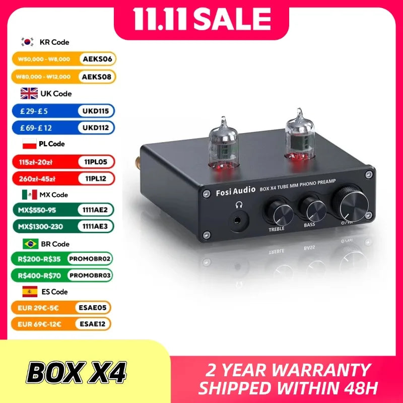 Fosi Audio Phono Preamp for Turntable Phonograph Preamplifier With 5725W Vacuum Tube Amplifier HiFi BOX X4