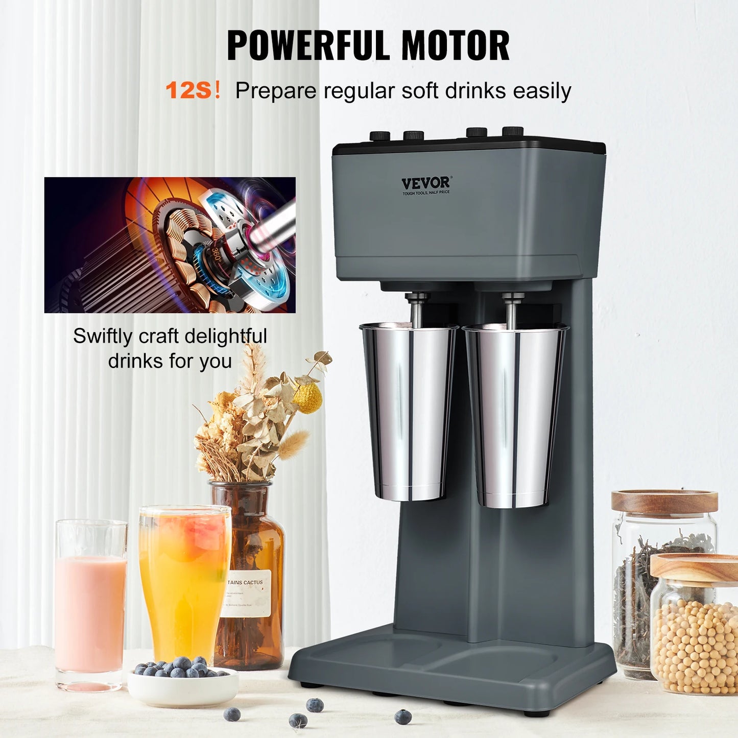 SucceBuy Milkshake Maker Mixer Machine Double Head Stainless Steel Drink Blender 3-Speed Milkshake Mixer for Commercial Home