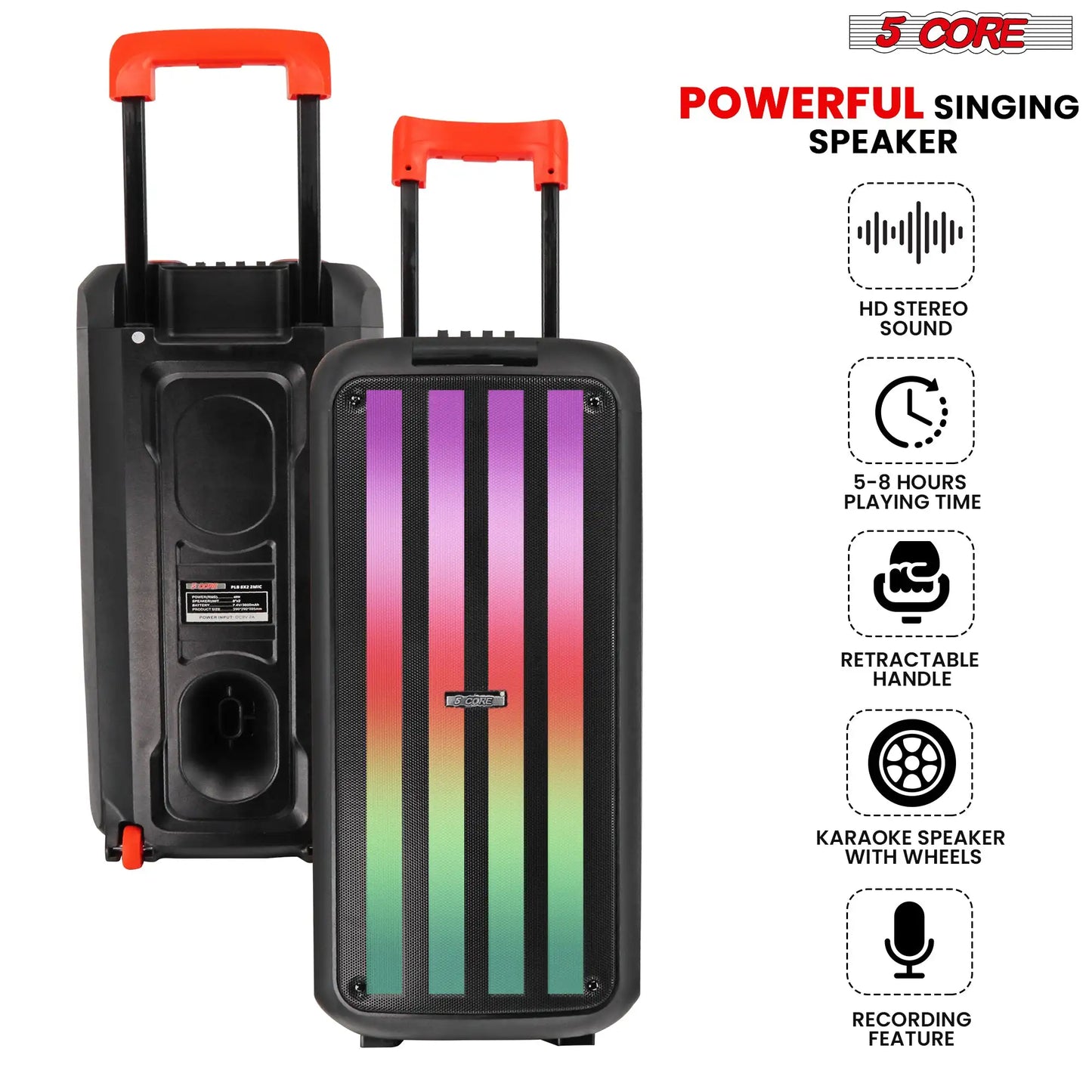 5 Core Party Speaker Bluetooth 400W Big Powered Rechargeable Outdoor PA DJ System w 2 Wireless Mics PLB 8X2 2MIC