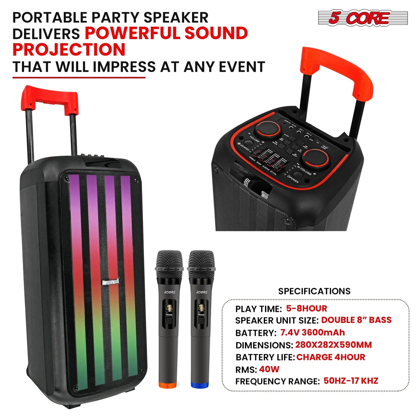 5 Core Party Speaker Bluetooth 400W Big Powered Rechargeable Outdoor PA DJ System w 2 Wireless Mics PLB 8X2 2MIC