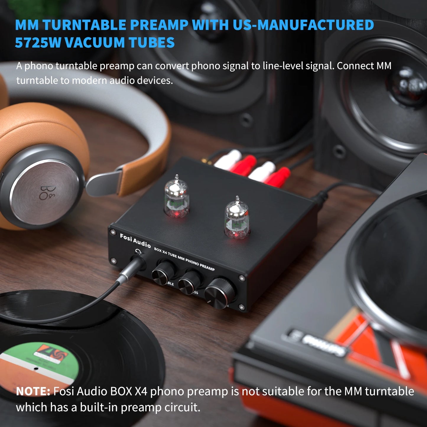 Fosi Audio Phono Preamp for Turntable Phonograph Preamplifier With 5725W Vacuum Tube Amplifier HiFi BOX X4