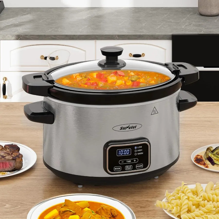 4qt Programmable Slow Cooker with Locking Lid and Removable Ceramic Pot for Home Kitchen Use Offers 3 Heating Settings and Time