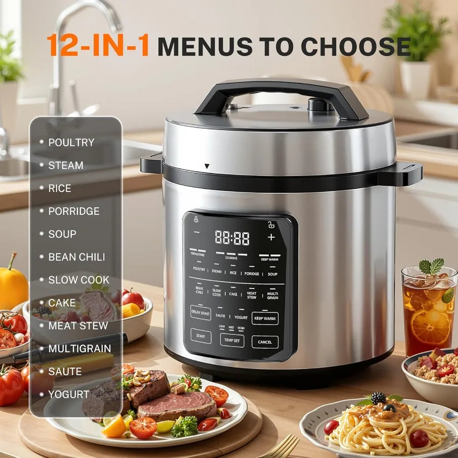 14in1 Electric Pressure Cooker for Home Kitchen 6QT Stainless Steel MultiCooker with NonStick Inner Pot DishwasherSafe Componen