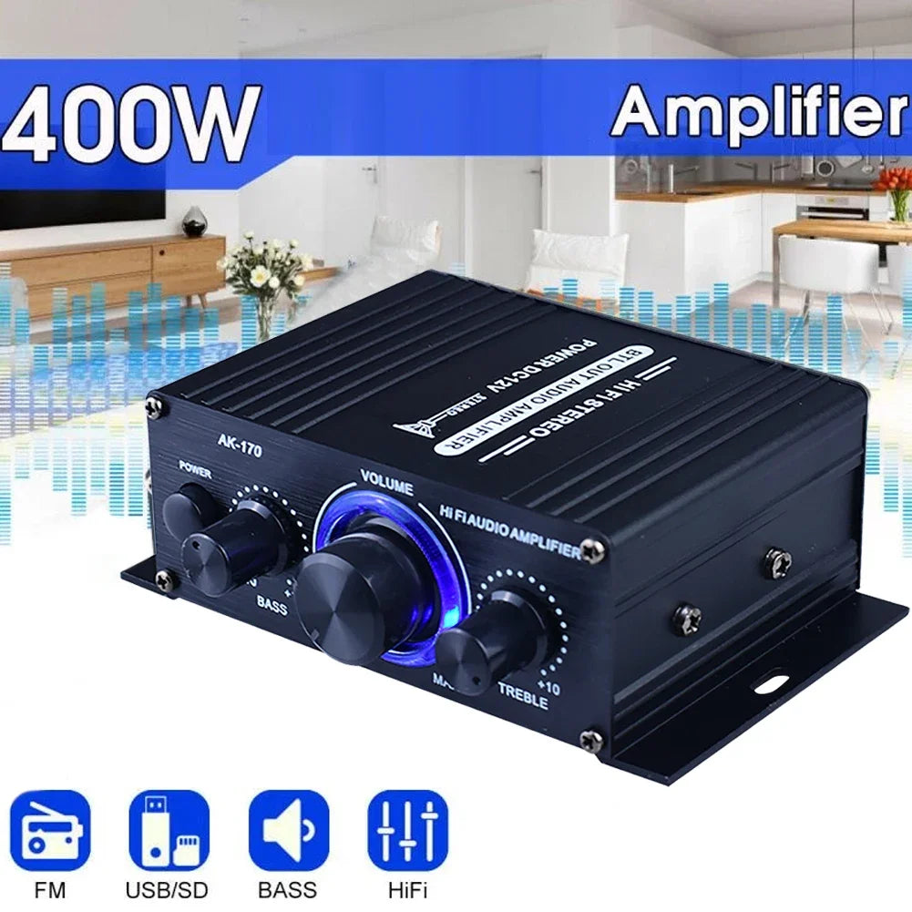 AK-380 800W Home Car Power Amplifier 2 Channel Bluetooth 5.0 Audio Digital Amplifier FM USB Remote Control HIFI Stereo Subwoofer