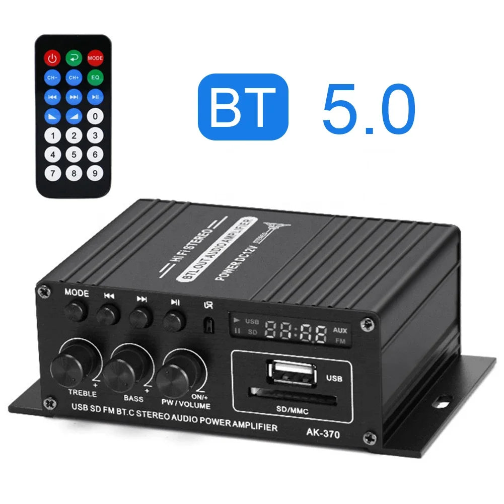 AK-380 800W Home Car Power Amplifier 2 Channel Bluetooth 5.0 Audio Digital Amplifier FM USB Remote Control HIFI Stereo Subwoofer