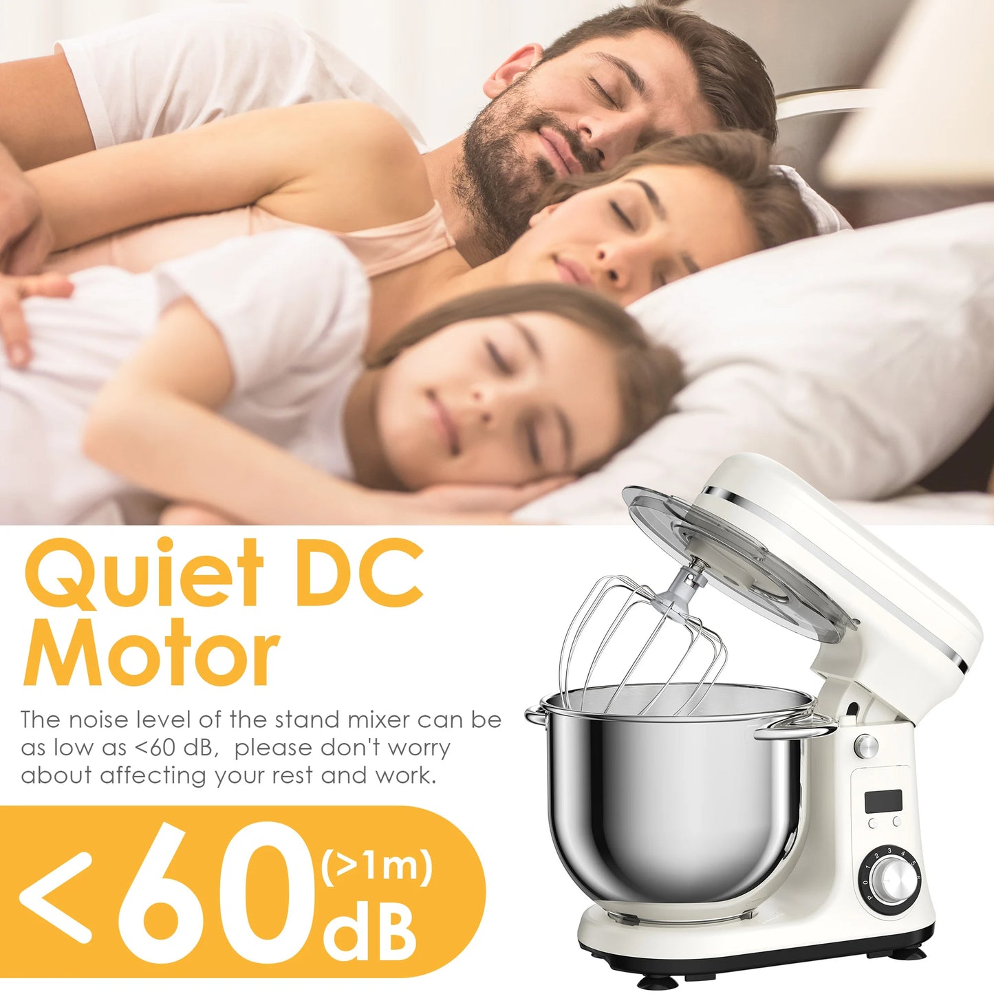 BioloMix Kitchen Food Stand Mixer, Blender, Quiet Motor, Cream Egg Whisk, Whip Dough Kneader, 6-Speed, 1200 W, 6 L, DC